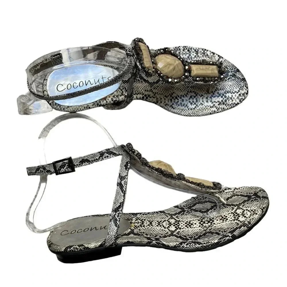 Coconuts Beverly Black & White Snakeskin Stone Embellished T Strap Thong Sandals - Picture 10 of 11